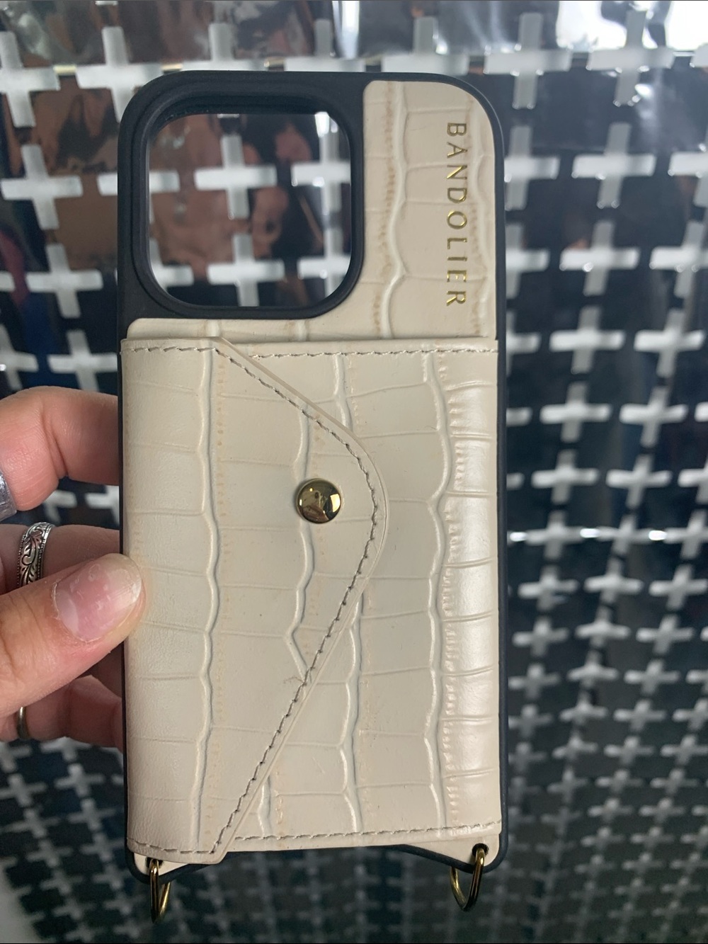 Bandolier Cream Croc-Embossed iPhone 15 Pro Phone Case with Gold Hardware